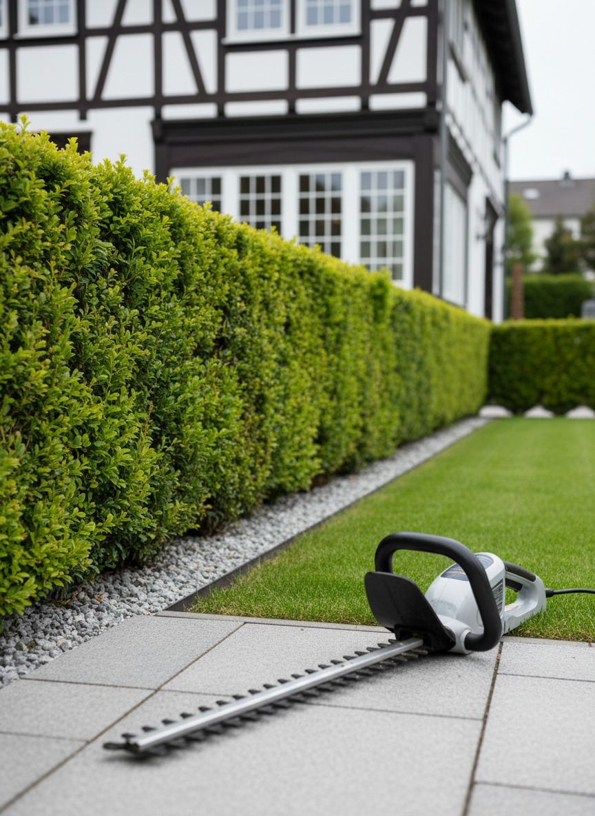 A close-up, photographic realistic scene of a perfectly trimmed evergreen hedge running along the edge of a well-kept front garden, the cut surfaces showing fresh, bright green growth. In the foreground, a clean, modern hedge trimmer rests on a paved path, its blades slightly angled toward the hedge. The surroundings include tidy gravel strips, neatly edged lawn and a simple, elegant German-style house facade blurred in the background. Captured at a slightly low angle with soft overcast daylight for even, shadow-free lighting, emphasizing precision and professionalism in hedge cutting and garden maintenance around Frankenberg.