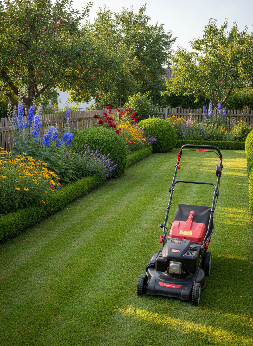 A meticulously maintained German family garden in early summer, showcasing lush green lawn, neatly trimmed boxwood hedges and colorful perennial flower beds. In the foreground, a professional-looking, clean petrol lawn mower stands on a freshly cut strip of grass, with visible contrast between mown and unmown areas. The setting is a suburban backyard within a small town near Frankenberg, framed by wooden fences and mature fruit trees. Soft late-morning natural light creates gentle shadows and crisp details. Photographic realism, eye-level perspective, sharp focus throughout, with a calm, orderly, professional atmosphere that communicates reliable, high-quality garden service without any people visible.
