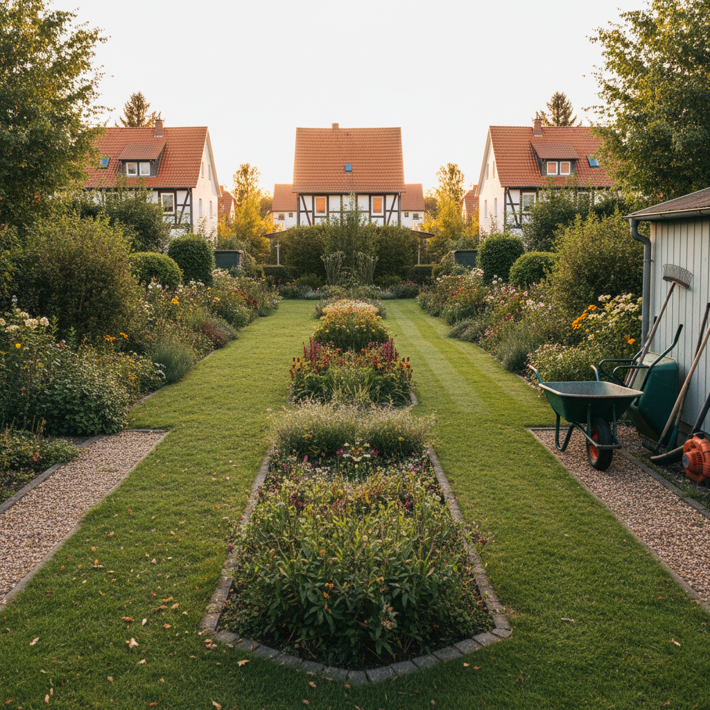 A wide-angle, photographic view of a medium-sized residential garden before-and-after in a single frame: the left side slightly overgrown with longer grass and untidy borders, the right side perfectly mown, edged and raked, with trimmed shrubs and cleaned paths. A sturdy wheelbarrow, rakes and a grass trimmer are positioned neatly on the maintained side, suggesting ongoing garden care. The setting evokes a typical German garden within a 50 km radius of Frankenberg, with tiled roof houses in the soft-focus background. Captured from a slightly elevated angle at golden hour, warm light enhancing textures and creating a reassuring, professional, transformation-focused mood.