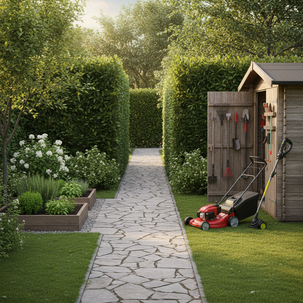 A detailed photographic scene of a narrow side garden path lined with impeccably maintained hedges and precisely cut lawn edges. A compact, professional lawn mower and a battery-powered trimmer are parked neatly beside a small garden shed with clean tools hanging inside, suggesting organized, ongoing maintenance. The environment features stone paving, decorative shrubs and a small herb bed, typical of a German family property. Gentle afternoon sunlight filters through tree branches, creating dappled light on the path and plants. Shot at eye-level with a slight leading-line composition along the path, producing a calm, tidy, trustworthy atmosphere ideal for a professional garden service presentation.