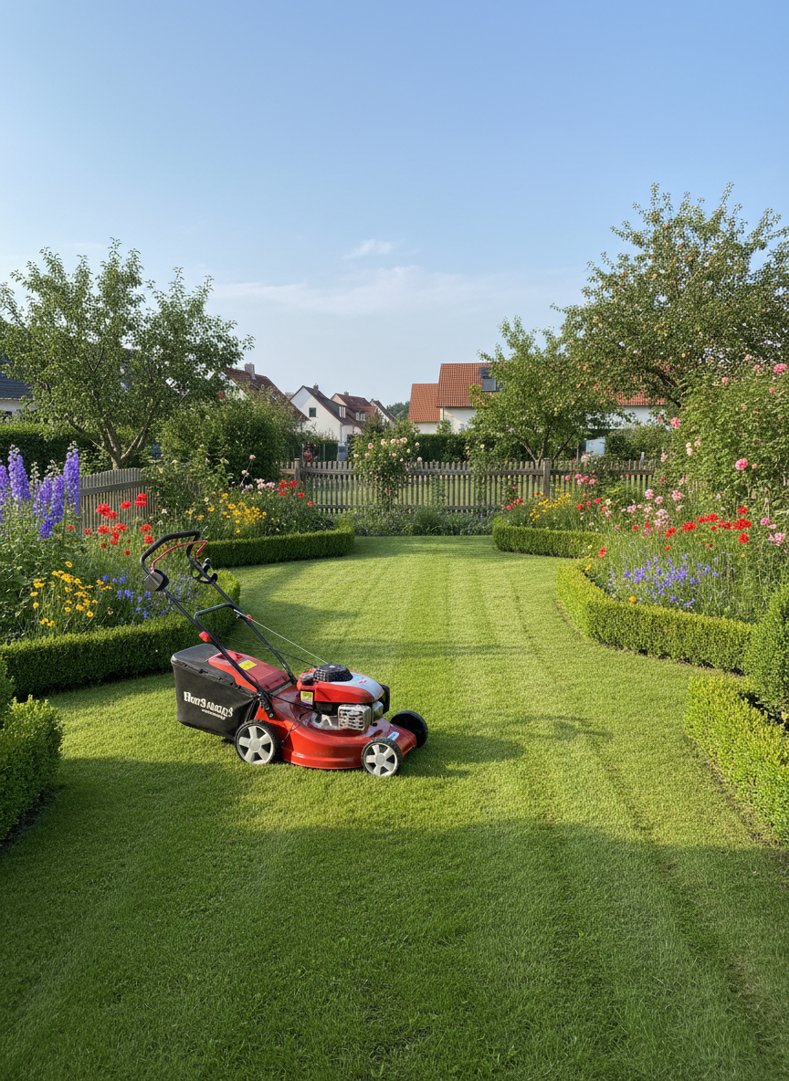 A meticulously maintained German family garden in early summer, showcasing lush green lawn, neatly trimmed boxwood hedges and colorful perennial flower beds. In the foreground, a professional-looking, clean petrol lawn mower stands on a freshly cut strip of grass, with visible contrast between mown and unmown areas. The setting is a suburban backyard within a small town near Frankenberg, framed by wooden fences and mature fruit trees. Soft late-morning natural light creates gentle shadows and crisp details. Photographic realism, eye-level perspective, sharp focus throughout, with a calm, orderly, professional atmosphere that communicates reliable, high-quality garden service without any people visible.