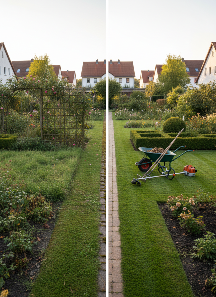 A wide-angle, photographic view of a medium-sized residential garden before-and-after in a single frame: the left side slightly overgrown with longer grass and untidy borders, the right side perfectly mown, edged and raked, with trimmed shrubs and cleaned paths. A sturdy wheelbarrow, rakes and a grass trimmer are positioned neatly on the maintained side, suggesting ongoing garden care. The setting evokes a typical German garden within a 50 km radius of Frankenberg, with tiled roof houses in the soft-focus background. Captured from a slightly elevated angle at golden hour, warm light enhancing textures and creating a reassuring, professional, transformation-focused mood.