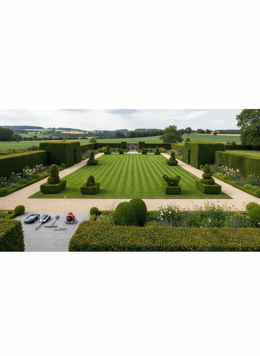 A panoramic, photographic image of a larger property garden showcasing multiple aspects of professional garden maintenance: a broad, evenly cut lawn, symmetrically trimmed hedges, shaped ornamental shrubs and weed-free gravel paths. Along one edge, a neatly arranged area with modern gardening equipment—lawn mower, hedge trimmer, leaf blower and rakes—rests on a clean paved surface, all in good condition. The property is framed by fields and gentle hills, hinting at a rural area around Frankenberg. Bright but soft midday light under lightly cloudy skies ensures vivid, natural colors and clear detail. Shot from a slightly elevated angle with strong depth, conveying reliability, scope of services and long-term care without any people present.