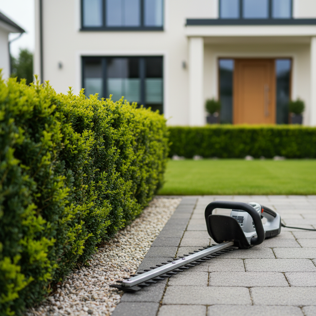 A close-up, photographic realistic scene of a perfectly trimmed evergreen hedge running along the edge of a well-kept front garden, the cut surfaces showing fresh, bright green growth. In the foreground, a clean, modern hedge trimmer rests on a paved path, its blades slightly angled toward the hedge. The surroundings include tidy gravel strips, neatly edged lawn and a simple, elegant German-style house facade blurred in the background. Captured at a slightly low angle with soft overcast daylight for even, shadow-free lighting, emphasizing precision and professionalism in hedge cutting and garden maintenance around Frankenberg.