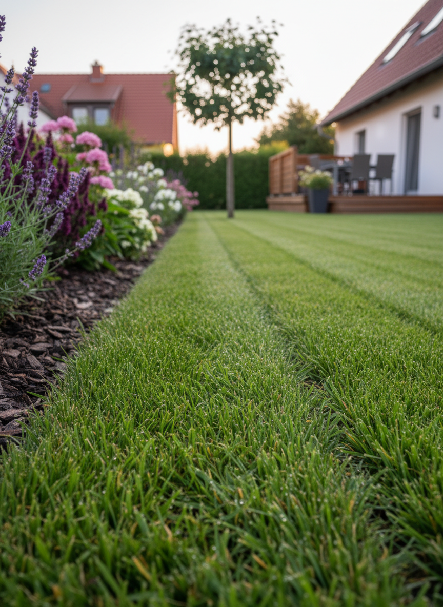 A photographic close-up of a lush, freshly mown lawn with visible, straight mowing lines leading toward a small ornamental tree in the background. Dew-like droplets catch the light on individual blades of grass, emphasizing health and care. On one side, a clean edging between lawn and flower bed with dark mulch and blooming perennials highlights precise garden work. The setting suggests a private garden in central Germany near Frankenberg, with a hint of a red-tiled roof and wooden terrace blurred in the distance. Captured from very low angle with shallow depth of field, in soft evening light, creating a serene, high-quality, professional gardening mood.