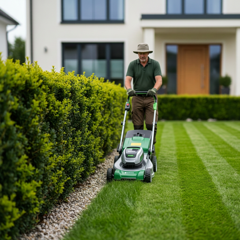 A close-up, photographic realistic scene of a perfectly trimmed evergreen hedge running along the edge of a well-kept front garden, the cut surfaces showing fresh, bright green growth. In the foreground, a clean, modern hedge trimmer rests on a paved path, its blades slightly angled toward the hedge. The surroundings include tidy gravel strips, neatly edged lawn and a simple, elegant German-style house facade blurred in the background. Captured at a slightly low angle with soft overcast daylight for even, shadow-free lighting, emphasizing precision and professionalism in hedge cutting and garden maintenance around Frankenberg.