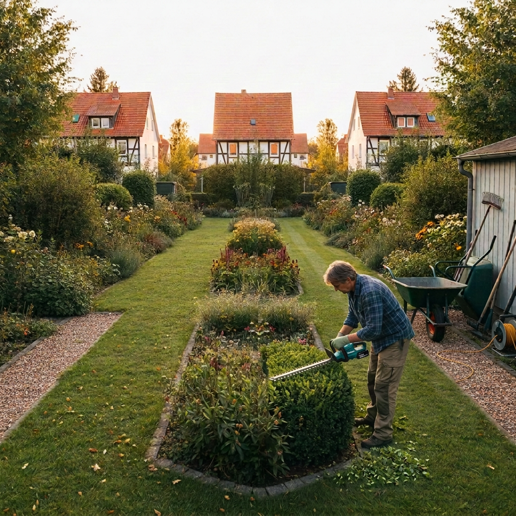 A wide-angle, photographic view of a medium-sized residential garden before-and-after in a single frame: the left side slightly overgrown with longer grass and untidy borders, the right side perfectly mown, edged and raked, with trimmed shrubs and cleaned paths. A sturdy wheelbarrow, rakes and a grass trimmer are positioned neatly on the maintained side, suggesting ongoing garden care. The setting evokes a typical German garden within a 50 km radius of Frankenberg, with tiled roof houses in the soft-focus background. Captured from a slightly elevated angle at golden hour, warm light enhancing textures and creating a reassuring, professional, transformation-focused mood.